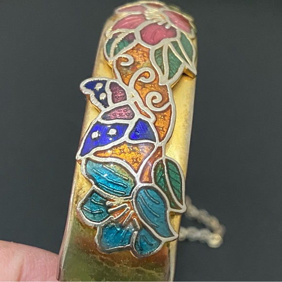Vintage Unsigned Gold-tone Floral Flower Cloisonne Hinged Bangle Bracelet 36.2g - Picture 13 of 16